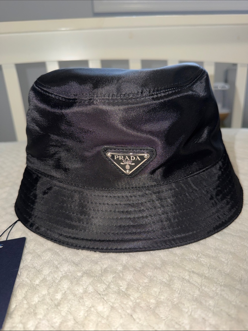 Prada Black Satin Nylon Bucket Hat with Triangle Logo Plaque